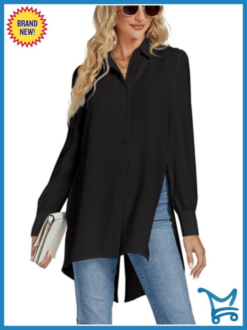 Women's Long Sleeve V Neck Tunic Blouse with Side Slits